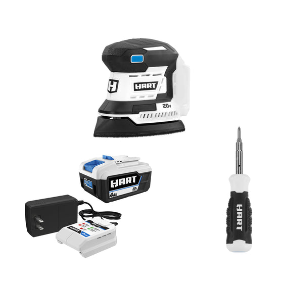 (1) 20V Detail Sander
(1) 60 Grit Sandpaper
(1) 120 Grit Sandpaper
(1) 240 Grit Sandpaper
(1) 9-in-1 Screwdriver
(2) 20V 4.0Ah Batteries
(1) 20V Fast Charger